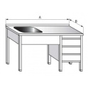 Mycí stůl jednodřezový s pracovní plochou a zásuvkovým boxem, rozměry (šxhxv) 1200 x 600 x 900 mm