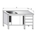 Mycí stůl jednodřezový s pracovní plochou skříňový, rozměry (šxhxv) 1200 x 600 x 900 mm, se zásuvkovým boxem a posuvnými dveřmi