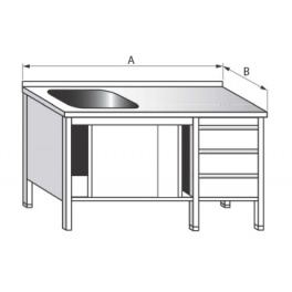 Mycí stůl jednodřezový s pracovní plochou skříňový, rozměry (šxhxv) 1200 x 600 x 900 mm, se zásuvkovým boxem a posuvnými dveřmi
