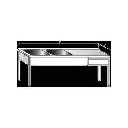 Stůl mycí nerezový dvoudřezový s plochou a zásuvkou, rozměr (šxhxv): 1800 x 600 x 900 mm (dřez 400 x 400 x 250 mm)